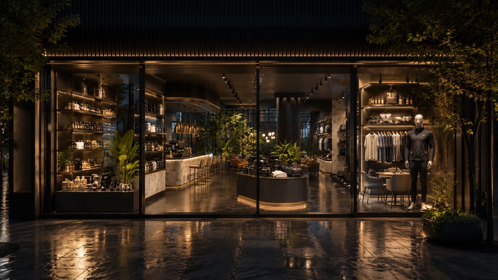Z2 boutique night exterior glass storefront with warm lit interior